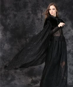 Ladies Gothic Clothing Dark In Love Gothic Cape With Long Flowing Flowered Hem