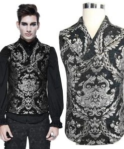 Devil Fashion Double Breasted Damask Silver Waistcoat Mens Gothic Clothing