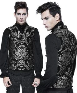 Devil Fashion Double Breasted Damask Silver Waistcoat Mens Gothic Clothing
