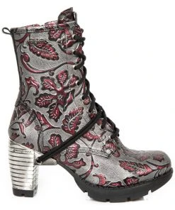 New Rock Boots New Rock Red Metallic Vintage Flower Ankle Boots M.TR001-S6 Gothic Boots