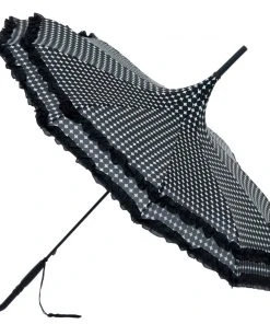 Soake Black Polkadot Frilled Pagoda Umbrella / Parasol Gothic Accessories