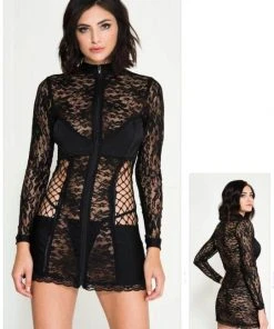 Ladies Fetish Clothing Music Legs Zipper Front Lace Mini Dress