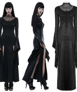 Ladies Gothic Clothing Punk Rave Romantic Goth Long Side Slits Maxi Dress Q-349
