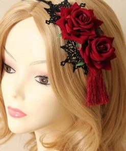 Gothic Hair Accessories Red Rose And Lace Tassle Headband
