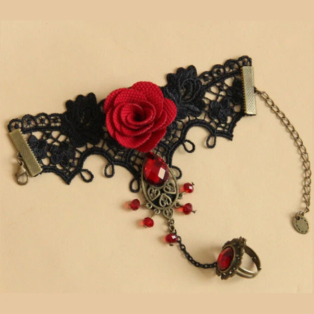 Lace Jewellery Gothic Jewellery Black Lace Red Rose Slave Bracelet 4 Lace Jewellery Gothic Jewellery Black Lace Red Rose Slave Bracelet