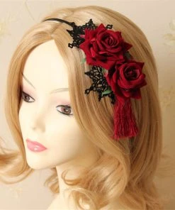 Gothic Hair Accessories Red Rose And Lace Tassle Headband