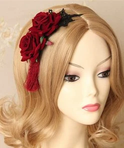 Gothic Hair Accessories Red Rose And Lace Tassle Headband