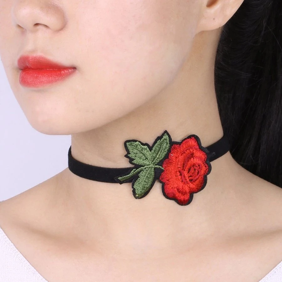 Gothic Collars Red Rose Embroidered Choker 4 Gothic Collars Red Rose Embroidered Choker