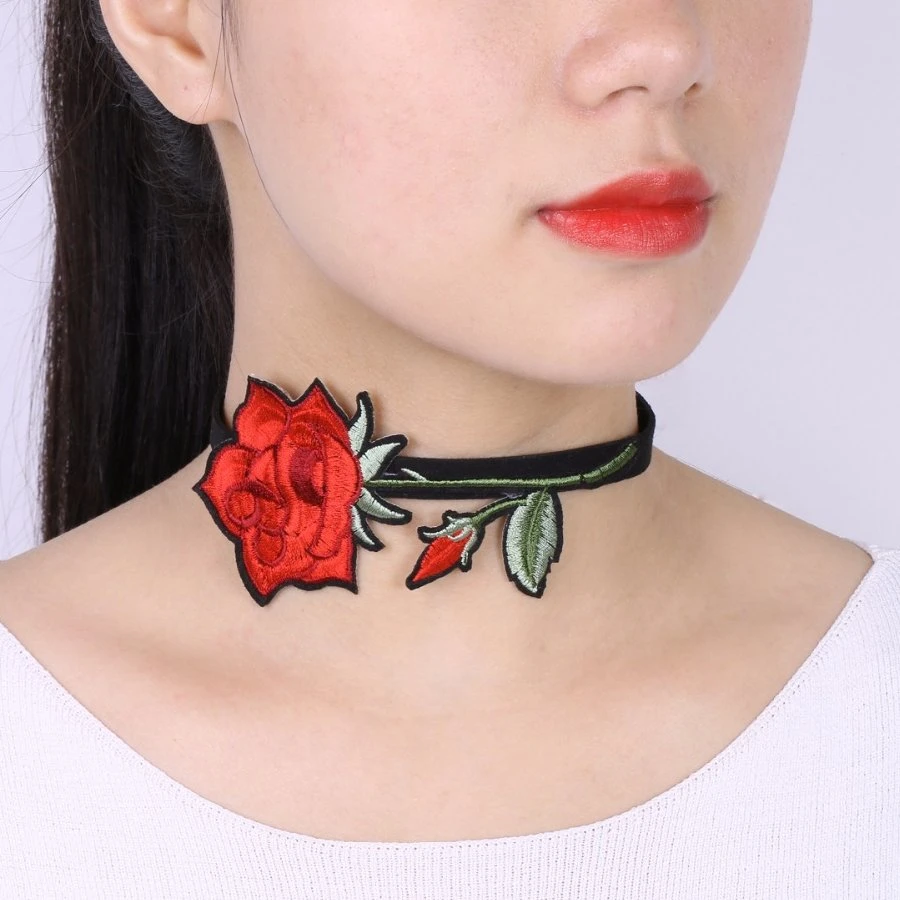 Gothic Collars Red Rose Embroidered Choker 12 Gothic Collars Red Rose Embroidered Choker
