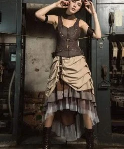RQBL Gathered Hitched Steampunk Skirt Ladies Steampunk Clothing