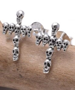 Seventh Sense Silver Cross With Skulls Stud Earrings