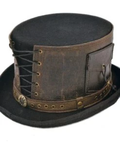 Euro Accessories Steampunk Top Hat With Laced Brown Leather Hat Band