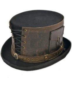 Euro Accessories Steampunk Top Hat With Laced Brown Leather Hat Band