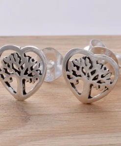 Gothic Jewellery Seventh Sense Tree Of Life Heart Stud Earrings Silver