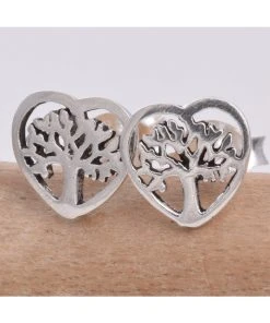 Gothic Jewellery Seventh Sense Tree Of Life Heart Stud Earrings Silver