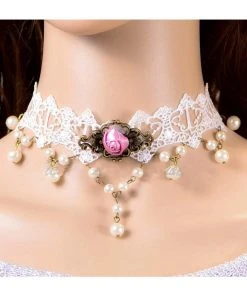 Lace Jewellery White Lace Steampunk Necklace Venetian Pearl Pink Rose Filigree Steampunk Jewellery