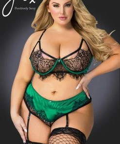 YesX Plus Size Black/Emerald Bra Set Lingerie Sets